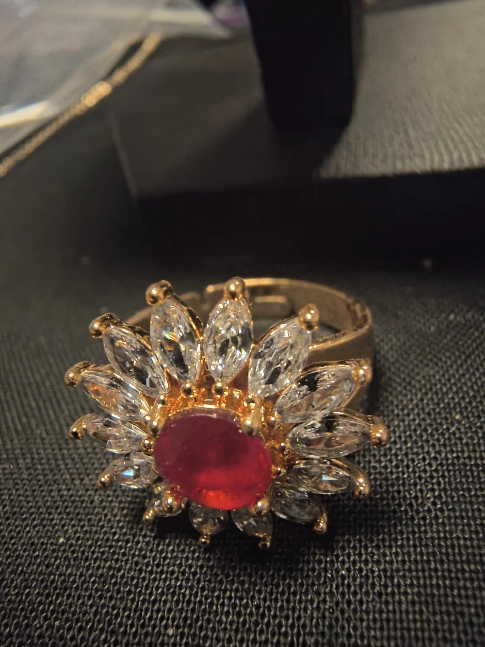 Gold Floral Ring with Red Center and Clear Crystal Petals